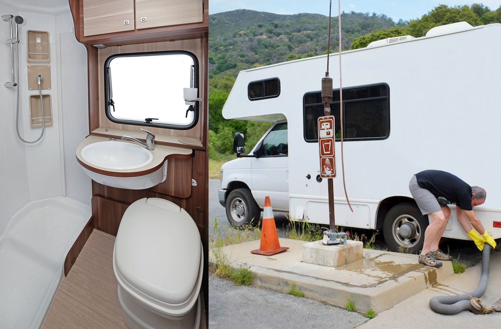 Portable RV/camper toilet and holding tank setup in Brea, California