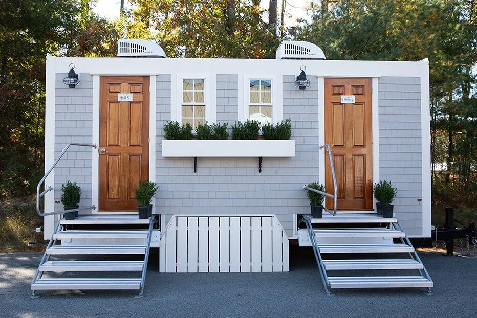 Wedding restroom units discretely staged at a venue in Brea, California
